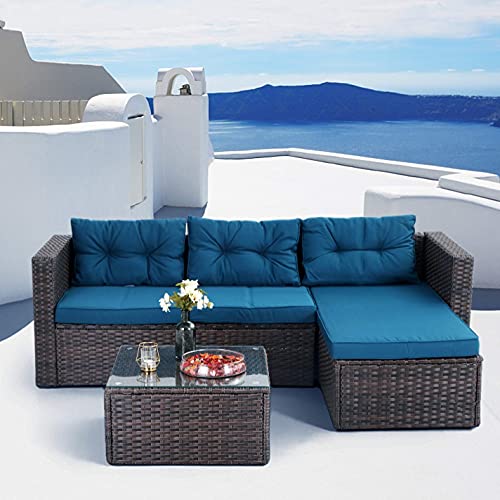 PHI VILLA Outdoor Rattan Sectional Sofa- Small Patio Wicker Furniture Set (3-Piece, Turquoise)