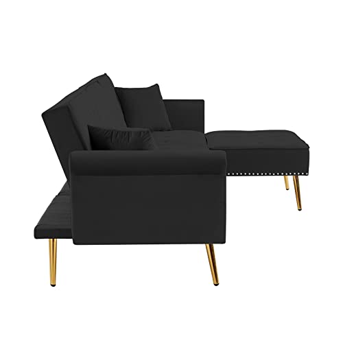 Modern Sofa Bed Couch,Living Room Furniture Sofa Ottoman Set with 3 Levels Adjustable Back and Nailhead Trim,Tufted Velvet Reversible Sectional Couchs with Gold Metal Legs (Black)