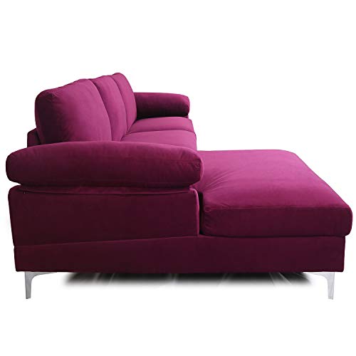 Purple Sectional Sofa with Lounger Chaise,JULYFOX Overstuffed 3 Seater Velvet Fabric Couch L-Shaped Sofa Extra Wide Armrest 42.5 inch Longer Lounger Chaise