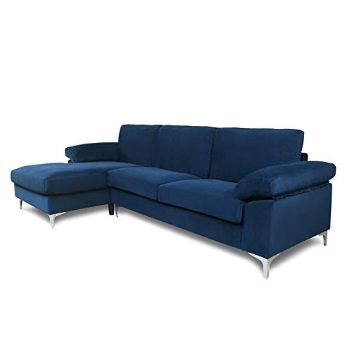 Livspace Sectional Sofa Navy Blue Velvet, Left Hand Facing