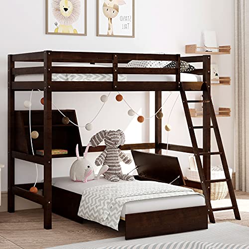Twin Loft Bed with Convertible Lower Bed, Wood Kids Loft Bed Frame, Loft Bed Twin with Storage Drawer and Shelf ,No Box Spring Needed, Espresso