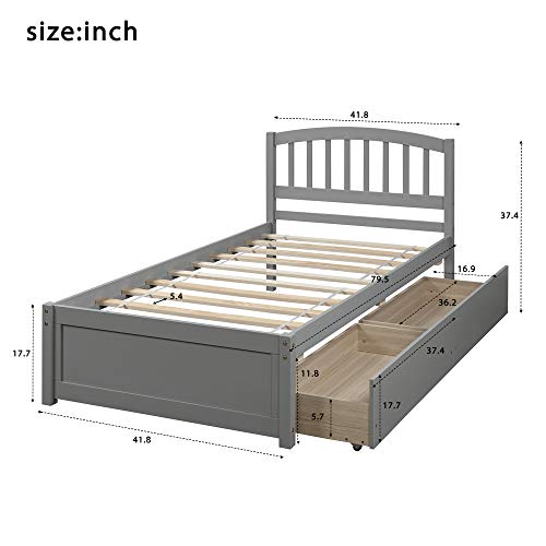 Twin Storage Bed Frame, Wood Platform Bed with Two Drawers and Headboard, Grey
