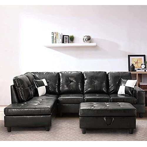 STARTO Modern PU Leather Sectional Sofa Set, Include Storage Ottoman, Fashion 5-Seat L-Shaped Couch for Living Room Apartment Office Furniture, Left Chaise Lounge, Black
