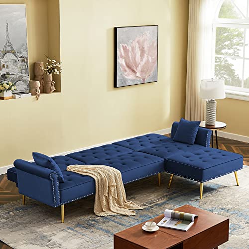 STARTOGOO Sleeper Modern Velvet Upholstered Reversible Sectional Sofa Bed, L-Shaped Couch with Movable Ottoman and Nailhead Trim for Living Room, Blue