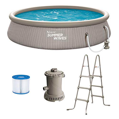 Summer Waves P1B01436E 14ft x 36in Round Quick Set Inflatable Ring Above Ground Swimming Pool with Ladder and Filter Pump, Gray Basketweave Print