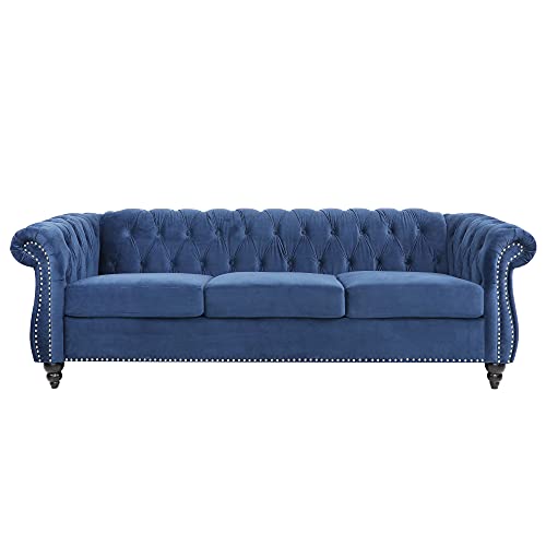ONCIN Velvet Chesterfield Sofa, 84'' Modern Tufted 3 Seater Couch with Scroll Arms and Wood Legs for Living Room Bedroom (Blue), Blue Velvet, 84 In Chesterfield Sofa