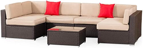 Oakmont 7-Piece Modular Outdoor Conversational Furniture Patio Sofa Wicker Sectional Sofa Set w/ 6 Chairs, 2 Pillows, Glass Top Table, Thick Cushions with YKK Zippers(Brown)