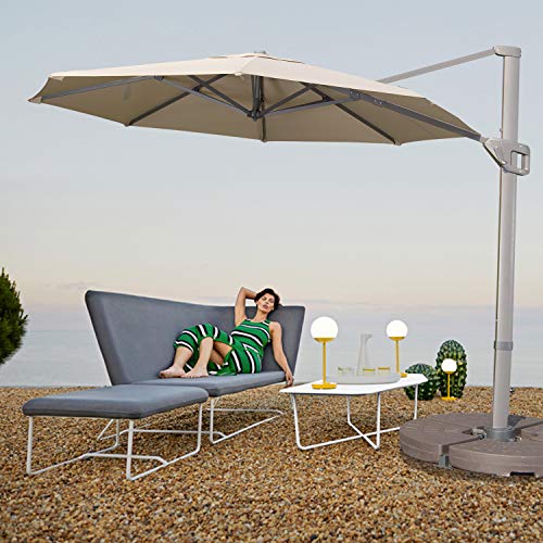 LKINBO 11ft Patio Offset Hanging Umbrella Round Deluxe Outdoor Cantilever Umbrella Large sun umbrellas 360 Degree Rotation with Lifting System and Cross Base for Garden Backyard Beach Pool(Beige)