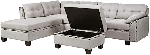 L-Shaped Sectional Sofa Set with Chaise Lounge and Storage Ottoman Living Room Furniture Set Sofa Couch with Nail Head Detail for Home (Light Grey)