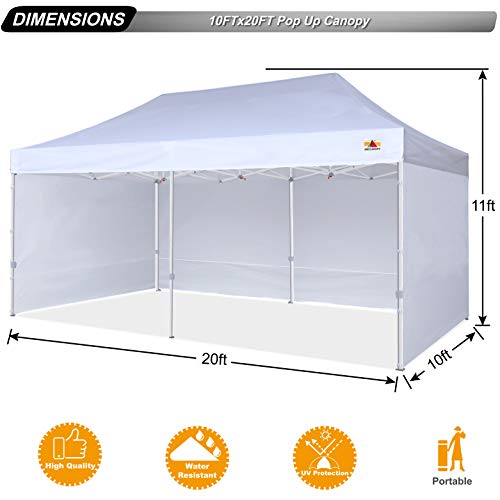 ABCCANOPY Premium Canopy 10x20 Pop Up Commercial Canopy Tent with Side Walls Instant Shade, Bonus Upgrade Roller Bag, 6 Weight Bags, Stakes and Ropes, White