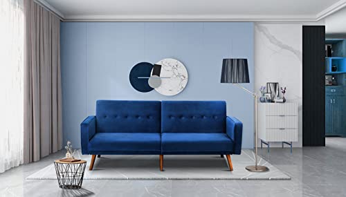 80“ Wide Navy Blue Velvet Couch Square Arm Sleeper Sofa Bed with Solid Wood Legs