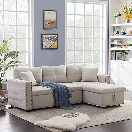 GAOPAN Leather Sectional Sofa Convertible Pull-Out Full Sleeper Bed, L-Shaped 3 Seater Corner Sofá Couch with Reversible Storage Chaise Lounge for Bedroom Apartment Living Room Furniture Set, Beige