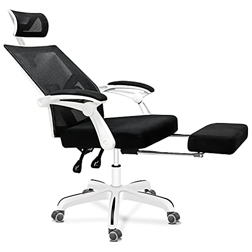 Ergonomic Office Chair, 155° Reclining High Back Mesh Office Chair with Footrest, Large Seat & Linkage Armrest, Adjustable Swivel Computer Desk Chair, White