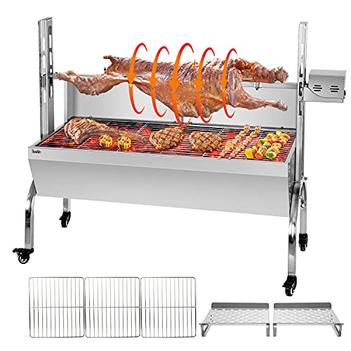 Rotisserie Grill Roaster Stainless Steel BBQ Lamb Suckling Pig Charcoal Spit Roaster Grill with 176LBS Load 25W Electric Motor Wind Baffle for Outdoor Camping Patio Island Backyard
