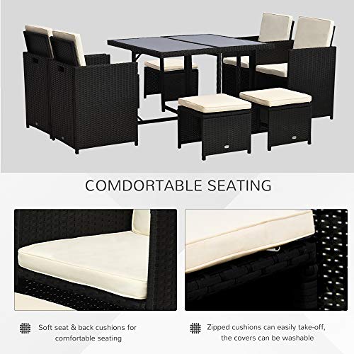 Outsunny 9 PCS Patio Dining Set Rattan Wicker Furniture Set w/Space Saving Chairs, Glass Top Table with Soft Cushion, Black