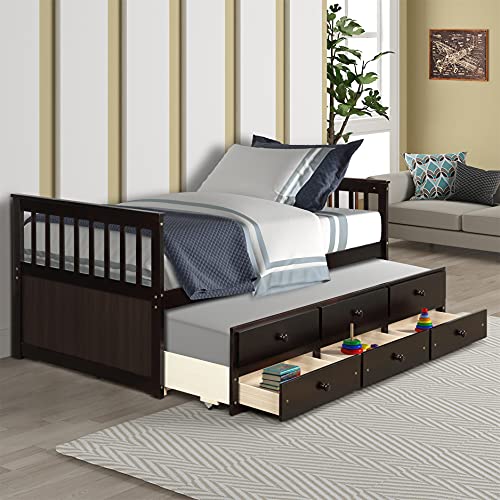 Twin Captain's Bed Storage Daybed with Trundle and Drawers for Kids Teens and Adults, Espresso
