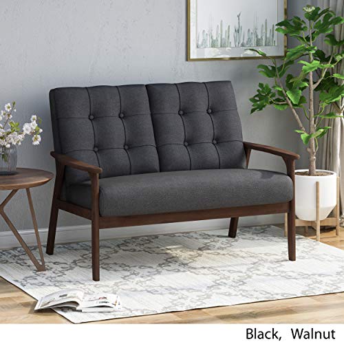 Christopher Knight Home Athena Mid Century Waffle Stitch Tufted Accent Loveseat with Rubberwood Legs-Black and Walnut Finish