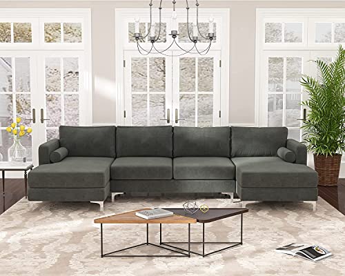 L-Shape Sofa Modern Stylish Elegant Velvet Upholstered Sectional Sofa with Two Pillows Home Villa Living Room Furniture Set U-Shape Symmetrical 4 Seaters Sofá Couch W/Double Wide Chaise Lounge Black