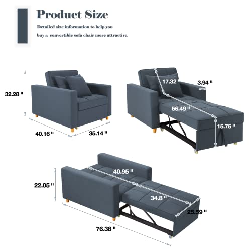 SWHSE Convertible Chair Bed 4-in-1, Sleeper Chair Bed, Pull Out Sofa Bed, Multi-Functional Adjustable Recliner, Sofa, Bed, Single Bed Chair with Modern Linen Fabric (Blue Grey)