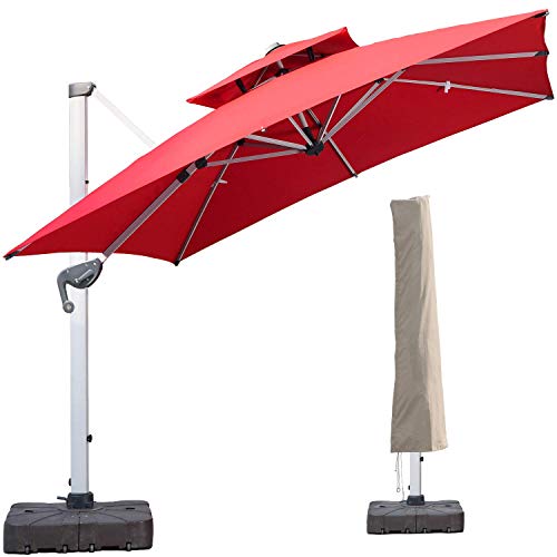 LKINBO 9 FT Square Cantilever Umbrella with Waterproof Cover, Heavy Duty Large Offset Patio Umbrella 360 Degree Rotation Outdoor Hanging Umbrella with Easy Tilt for Deck Backyard Pool Market, Red