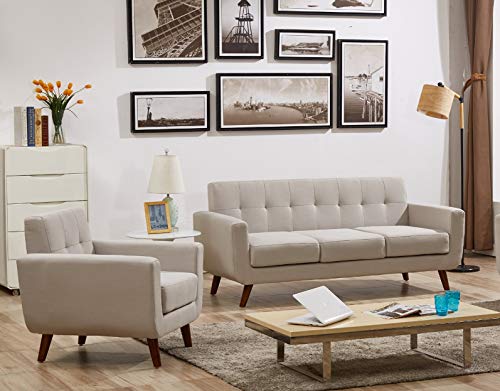 US Pride Furniture AS5174-S+C Charles Mid-Century Modern 100% Linen Fabric Sofa and Chair 2 Pic Set, Clean-Lined Design for Apartment and House, Tan