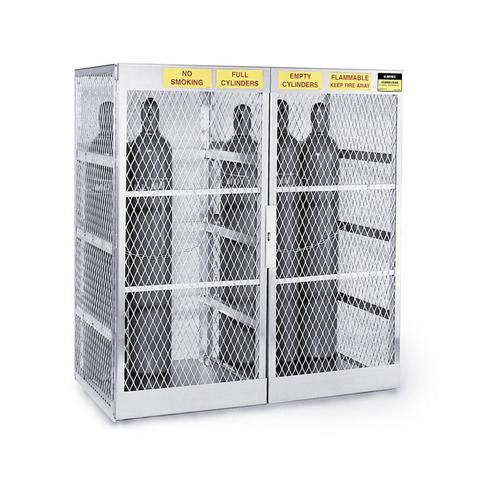 Justrite 10 Vertical Compressed Gas Cylinders, Gas Cylinder Cabinet Locker, Aluminum