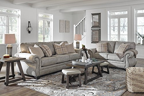 Signature Design by Ashley Olsberg Faux Leather Upholstered Loveseat with Nailhead Trim and 2 Accent Pillows, Gray