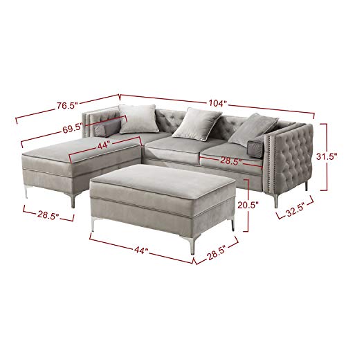 Blue Reversible Dutch Velvet 3-Seat Sofa with Movable Chaise Ottoman 3 Cushions and 2 Rectangular Pillows Luxury Sectional Sofa Couch for Living Room Clearance Chaise Furniture Sets