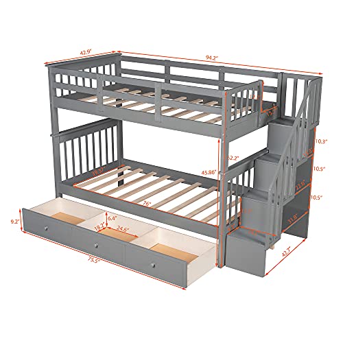 Twin-Over-Twin Bunk Bed with 4 Storage Stairway , 3 Drawers and Guard Rail, Twin-Over-Twin Bunk Bed for Bedroom, Dorm, for Family, Kids, Teens, No Box Spring Needed