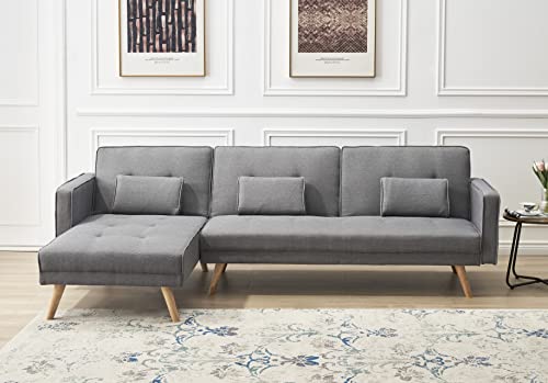 DEINPPA Linen Sectional Sofa Bed, Convertible Sleeper Sofa Bed with Reversible Chaise, Solid Wood Legs and 2 Pillows, Couch for Living Room, Apartment, Office
