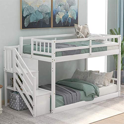 Harper & Bright Designs Low Bunk Beds for Kids and Toddlers,Bunk Bed Twin Over Twin Size ,Wood Twin Bunk Beds ,Floor Bunk Beds with Storage Shelf and Stairs ,White
