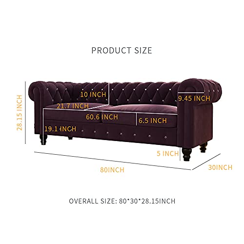 Alapaste 3 Seat Sectional Sofa,Upholstered Velvet Sofa Couch,Traditional Chesterfield Sectional Sofa,Chesterfield Living Room Sofa Set with Scrolled Arms for Living Room,Office,Apartment,Purple