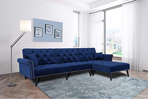 Navy Blue Sectional Sofa Sleeper Bed,JULYFOX 900 LB Heavy Duty 115 inch Velvet Sofa Futon W/Chaise Recliner Back Modern Day Bed W/Nail Head Trim for Living Room Small Spaces Office