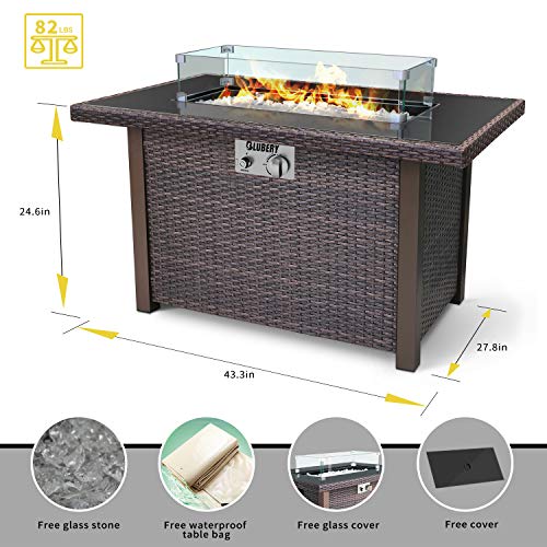 44'' Propane Fire Pit, 50,000 BTU PE Rattan Fire Pit Table with Black Tempered Glass Tabletop, Glass Wind Guard, Auto-Ignition, White Glass Stone, ETL CERT