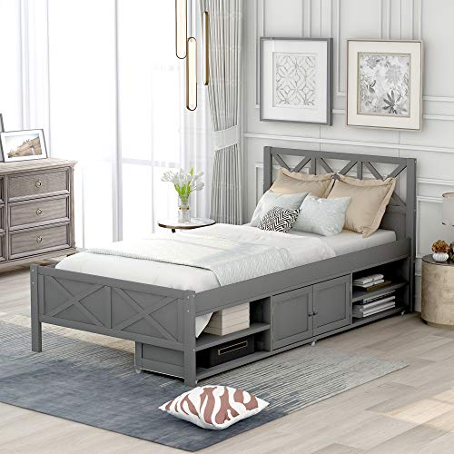 Twin Size Platform Bed, Wood Platform Bed Frame with X-Shaped Frame and Storage, No Box Spring Needed, Easy Assembly, Platform Bed Frame for Kids Boys Girls Teens Adults (Gray)