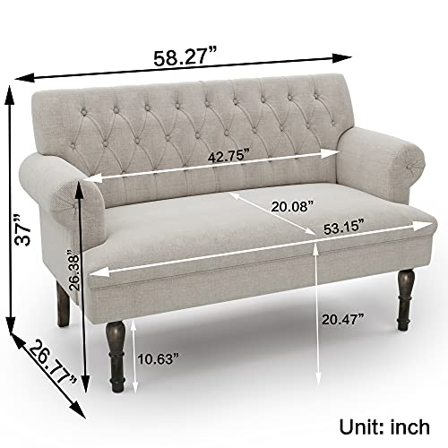 Merax 58” Light Beige Linen Button Tufted Scrolled Arm Loveseat Sofa Couches, Chesterfield Settee Bench with High Wooden Legs (Pillows not Included)