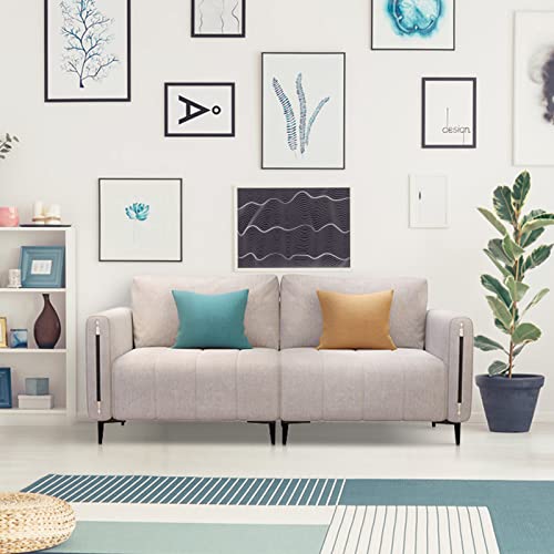 76.4 inch Linen Fabric Sofa Couch Mid-Century 3-Seat Tufted Love Seat for Living Room Bedroom Office Apartment Dorm Studio and Small Space 2 Pillows Included (Rice White)