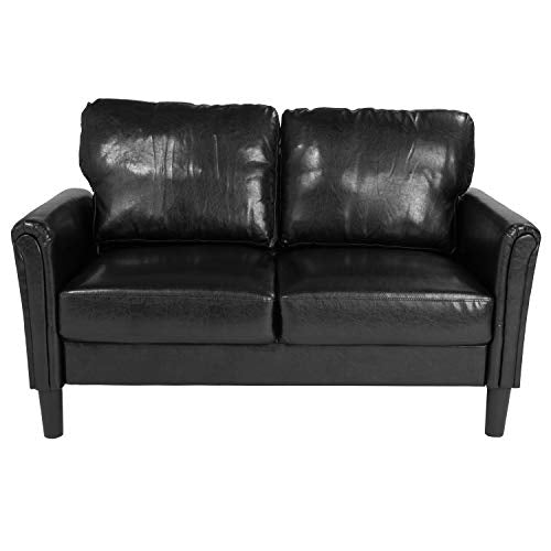 EMMA + OLIVER Living Room Loveseat Couch, Tailored Arms in Black LeatherSoft