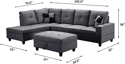 Smilehome 3 Piece Modern Sectional Sofa L-Shaped Couch with Storage Ottoman and Two Pillows 5 Seater Living Room Furniture Sets (Left Hand Facing Chaise, Gray)