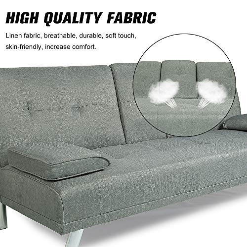 Hooseng Frabic Convertible Futon Sofa Bed 2 Cupholders with Armrest & Fold Up & Down Recliner Couch with Cup Holders, Gray
