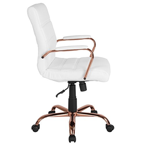 Flash Furniture Mid-Back White LeatherSoft Executive Swivel Office Chair with Rose Gold Frame and Arms