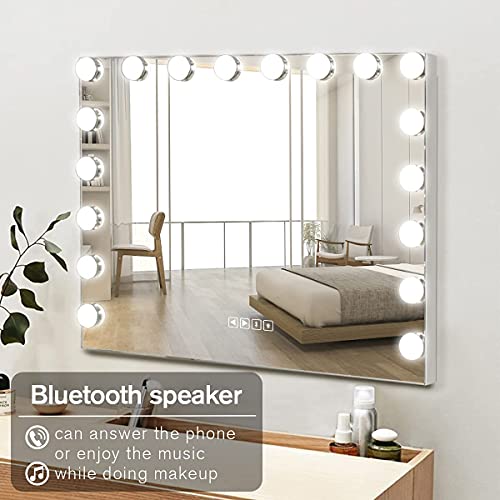 Hansong Vanity Mirror with 18 pcs LED, Extra Large Hollywood Makeup Mirror Lighting Cosmetic Mirror 3 Color Lighting Modes Tabletop or Wallmount Vanity Slim Mirror with USB Charging Port&Bluetooth