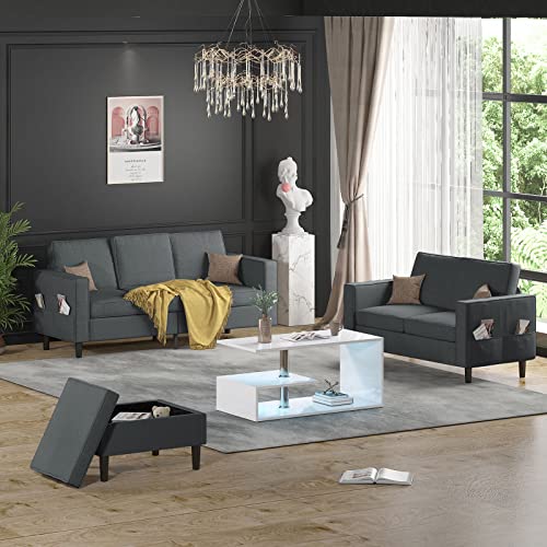 BALUS Sectional Couches for Living Room, Linen Upholstered Modern Sofa Set of 3, Solid Wood Leg Living Room Furniture Sets, 3-Seat Sofa + Storage Ottoman + Loveseat (Dark Grey)