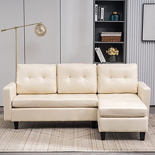 SLCSY L-Shaped Disassembly and Assembly of The Backrest Pull Point, Variable Combination, Three-Seat Indoor Sofa, Solid Wood Soft Bag PU 194 * 67 * 83cm Black Simple Nordic Style (Creamy White)