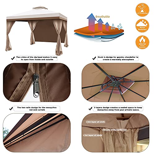Hofzelt Ocala 10 x 10 Ft Gazebo Double Tier Patio Canopy Steel Frame with 4 Side Mosquito Netting and One Side Curtain (Beige)