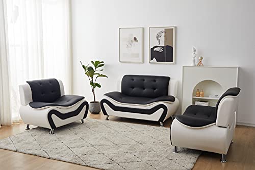 Kingway Faux Leather Living Room Sofas, 3 SEAT, Black/White