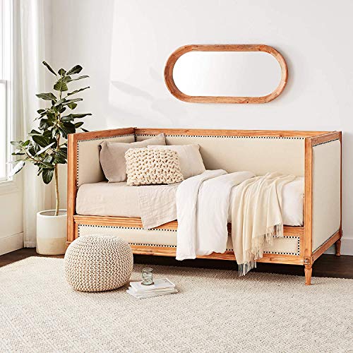 Twin Size Daybed, Harper&Bright Designs Cream Linen & Salvage Upholstered Oak Linen Padded Nail Head Trim Charlton Daybed for Living Room, Family Room, or Bedroom