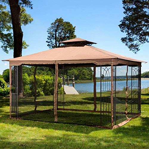 Sunjoy L-GZ798PST-E-A New Regency III Gazebo 10' x 12' with Mosquito Netting, Brown