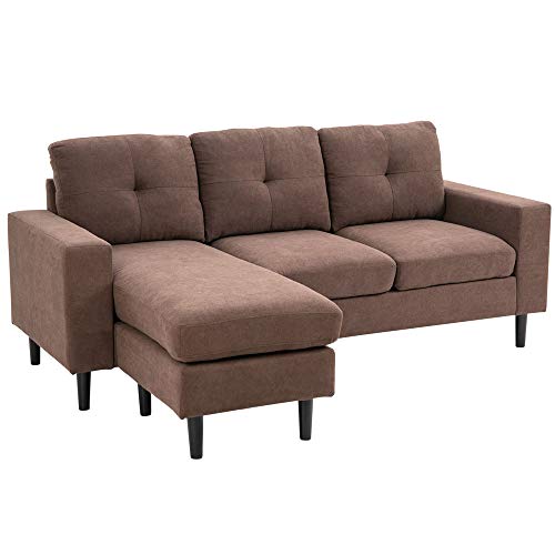Linen Fabric L-Shape 3 Seater Sofa Couch with Sponge Cushion Wood Frame
