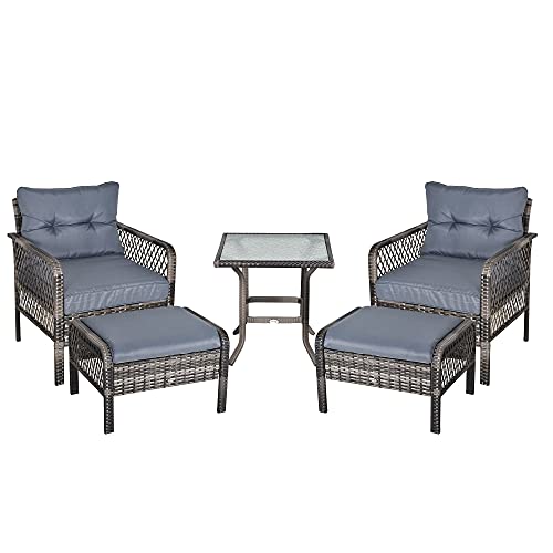 Outsunny 5-Piece PE Rattan Wicker Outdoor Patio Armchair Set Ottoman, Furniture Set with Comfortable Zippered Cushions & Weather-Fighting Build, Grey